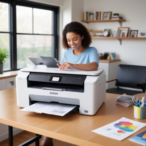 A person happily using an Epson EcoTank L3250 printer, printing a colorful document. The printer is shown in a modern home setting with a laptop nearby, highlighting its wireless capabilities.