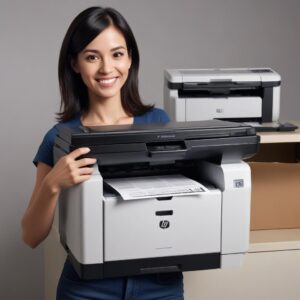 A person holding a freshly printed, crisp, black-and-white document, smiling with a reliable HP LaserJet P1102 printer in the background, conveying satisfaction and quality.