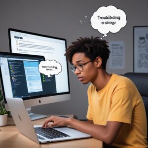 A person looking at a laptop screen showing printer settings and troubleshooting options, with a thought bubble indicating problem-solving. The printer in the background has an'error' light blinking.