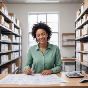 A person looking relieved and happy while checking an inventory list on a spreadsheet, with a tidy office environment, symbolizing the benefits of proper inventory management.