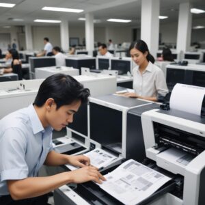 A person looking relieved as a technician services a printer in a bustling Jakarta office. The scene emphasizes the convenience and lack of maintenance worries when renting office equipment.