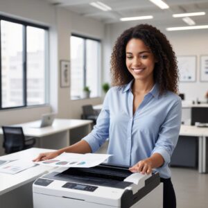 A person looking relieved while using a modern, sleek rental printer in a clean office setting, showing efficiency.