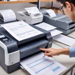 A person pointing at a checklist for buying a printer, with various printer models in the background. The image should convey decision-making and smart buying.