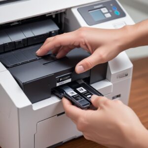 A person's hand carefully inserting a new ink cartridge into a printer, with other cartridges visible in the background. The printer lid is open.