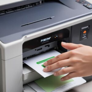 A person's hand pressing the power button of a printer, with the printer screen showing a