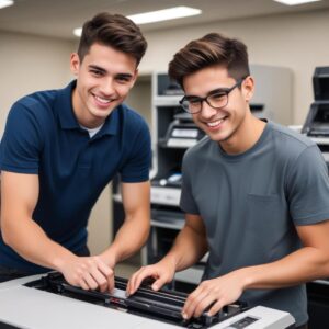 A professional-looking printer technician quickly and efficiently servicing a rented printer in a university setting, with a smiling student looking on, emphasizing fast and reliable support.