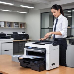 A professional, sleek office printer being used by an employee in a modern office setting in Cikarang, highlighting efficiency and productivity.