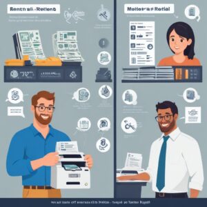 A side-by-side comparison infographic. On one side, a stressed person surrounded by broken printer parts and stacks of bills (representing buying). On the other, a calm, smiling person pointing at a well-maintained printer while talking to a friendly technician (representing rental). Icons of money bags with a minus sign for rental and a plus sign for buying.
