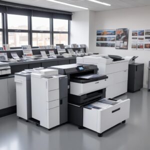 A sleek, modern A3 multifunction printer standing proudly in a professional printing shop, with stacks of brochures and large prints nearby. The printer is actively printing, showing its efficiency and role in a busy printing business.