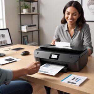 A sleek, modern HP all-in-one printer in a home office setting, with a person smiling while printing wirelessly from their smartphone. The printer is compact and stylish.
