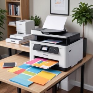 A sleek, modern printer all-in-one sitting on a desk in a home office setting, surrounded by neatly stacked papers and a laptop. The printer is actively printing a colorful document.