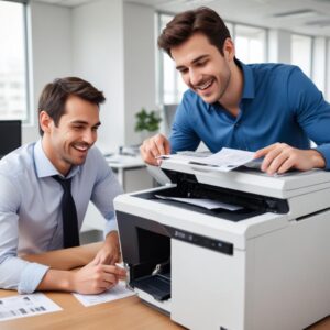 A split image comparing a stressed office worker fixing a broken printer (representing owning) on one side, and a calm, smiling office worker easily printing documents (representing renting) on the other.