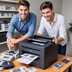 A split image. On one side, a frustrated person surrounded by broken printer parts and overflowing ink cartridges. On the other side, a smiling person confidently using a new, modern all-in-one rental printer with a technician in the background.
