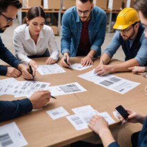 A team collaborating around a table, actively updating an inventory list, perhaps with one person holding a barcode scanner, representing the collective effort and use of modern tools in inventory management.