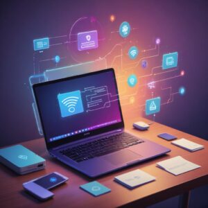 A vibrant graphic showing a laptop and a wireless printer connected by an invisible Wi-Fi signal represented by glowing lines. Around them are small icons of documents and printouts, emphasizing ease of use.