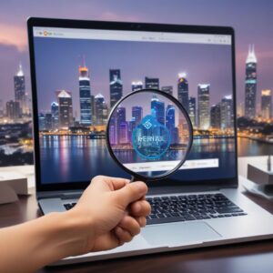 A vibrant image of a hand holding a magnifying glass over a laptop screen displaying various printer models and rental package options. In the background, there's a blurred but recognizable skyline of Jakarta, suggesting local service. A bold checkmark icon implies making the right choice.