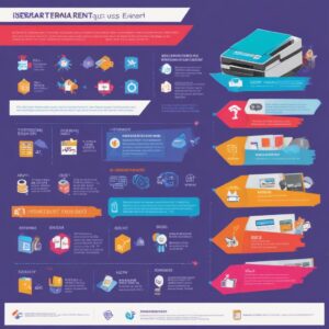 A vibrant infographic illustrating the benefits of printer rental versus buying, showing