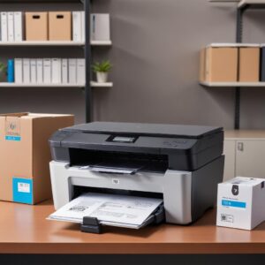 An HP LaserJet P1102 printer with a genuine HP CE285A cartridge next to it, showing its original packaging with hologram security labels. The background is a clean office desk.