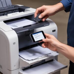 An HP LaserJet printer displaying an error code on its small LCD screen, with a hand holding a smartphone searching for the error code on Google in the background.