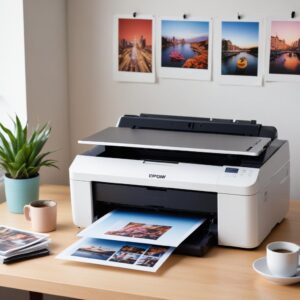 An aesthetically pleasing setup of an Epson EcoTank L8050 printer on a clean desk, surrounded by high-quality printed photos, a camera, and a laptop. The photo should emphasize the vibrant colors of the prints.