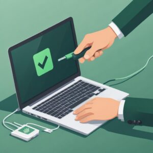 An animated illustration of a hand plugging a USB cable from a printer into a laptop, with a green checkmark appearing above the printer icon on the laptop screen. The background is clean and modern, representing a typical home office setup.