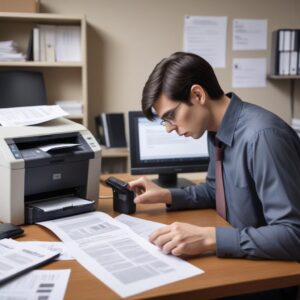 An anxious person staring at a printer with a