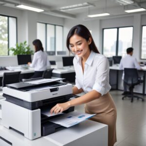 An energetic, modern office worker smiling while easily printing documents from a sleek, rented multifunction printer in a bright, contemporary office setting in Jakarta Barat. The printer looks new and well-maintained.