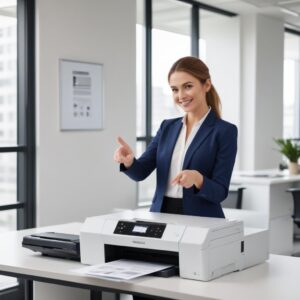 An executive woman in a modern office looking relieved while pointing at a sleek all-in-one printer. The background shows a clean office environment with natural light. The printer is compact and stylish.