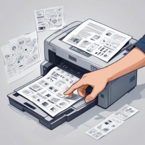 An illustration of a broken printer with various error icons (paper jam, low ink, disconnect) and a technician's hand pointing to the issues, highlighting the complexity of printer service.