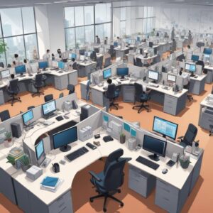 An illustration of a bustling modern office in Jakarta, with diverse office equipment like computers, printers, and ergonomic chairs, suggesting efficiency and productivity.