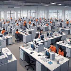 An illustration of a bustling modern office in Surabaya with various people working. A prominent, sleek multi-function printer is visible in the foreground, being used by an employee. The atmosphere is energetic and productive.