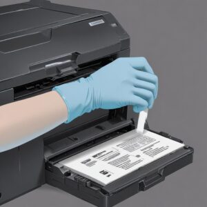 An illustration of a hand carefully refilling a laserjet toner cartridge, with toner powder visible, emphasizing safety gear like gloves and mask.