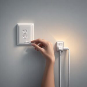 An illustration of a hand checking a power cable securely plugged into a printer's port and a wall outlet, with a subtle glowing effect around the plug and socket, symbolizing power flow and a successful connection. The background is a clean, modern workspace.