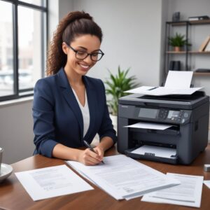 An illustration of a happy business owner confidently signing a contract, with a sleek, modern printer in the background, symbolizing efficiency and cost savings.