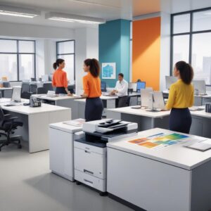 An illustration of a modern office setting with people efficiently using a large, sleek color A3 laserjet printer to print documents. The printer should be central, with bright, vibrant prints coming out. The overall mood is productive and professional.