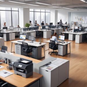 An illustration of a modern office setting with people working efficiently, and a professional-looking printer in the foreground, symbolizing seamless operations due to rental services.