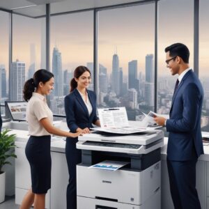 An illustration of a modern office space with a group of diverse professionals smiling while looking at a document being printed from a sleek, multi-function printer. The printer has a