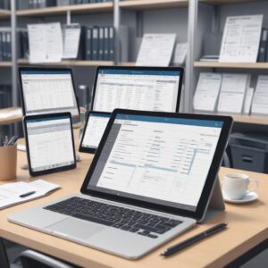 An illustration of a neatly organized office inventory list on a tablet or computer screen, with various office items like laptops, chairs, and printers visible in the background, showing a sense of order and efficiency.