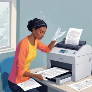 An illustration of a person confidently performing a head cleaning on a printer, with clear, vibrant printed documents in the background. The printer should look modern and easy to understand.