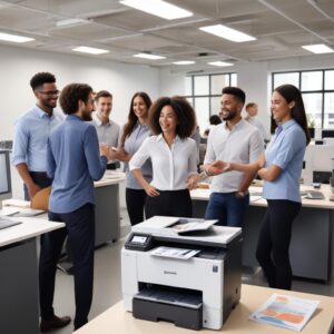 An illustration of a person happily using a rented printer in a modern office setting, surrounded by team members. The printer looks sleek and functional.