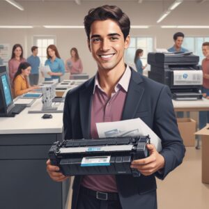 An illustration of a person holding an HP LaserJet printer toner cartridge, looking confident and happy, with various printer models in the background. The style is modern and friendly.