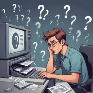 An illustration of a person looking frustrated at a printer connected to a computer, with question marks floating around the printer. The overall tone is light and a bit humorous, showing a common tech frustration.