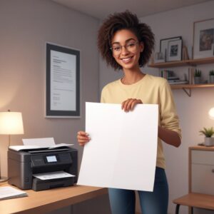 An illustration of a person with a relieved and happy expression, standing next to a printer that is now visibly powered on with its lights glowing. They are holding a printed sheet of paper, symbolizing the successful resolution of the printer issue, with a clean and organized home office background.