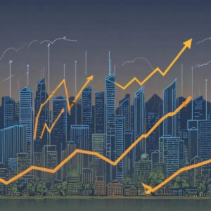 An illustration of a rising line graph with money symbols, representing cost savings and business growth, set against a backdrop of Jakarta's skyline, symbolizing the benefits of smart office equipment rental.