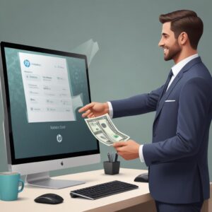 An illustration of a satisfied customer shaking hands with a seller in front of a computer screen displaying an