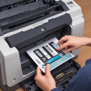An illustration of hands gently inserting a new toner cartridge into an HP LaserJet P1102 printer, with clear, step-by-step icons indicating the process.