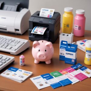 An illustration of various Epson printer cartridges (original, compatible, refill bottles) neatly arranged with price tags and a smiling piggy bank, symbolizing savings. The background shows a modern office desk with an Epson printer.