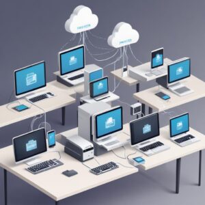 An illustration showing a single printer connected to one main computer, with multiple other computers (laptops, desktops) wirelessly printing to it, symbolizing printer sharing. All devices are connected via a network cloud or router. The image style should be modern and friendly, suitable for a tech blog.