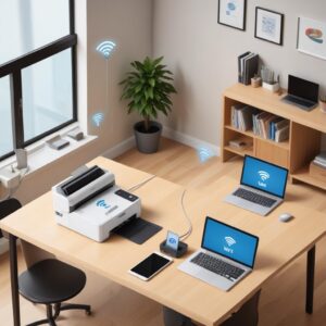An illustration showing two printers side-by-side. One printer has a clear Wi-Fi symbol hovering above it with various devices (smartphone, laptop, tablet) wirelessly connected, depicting flexibility. The other printer is connected directly to a desktop computer via a visible USB cable, emphasizing its direct connection. The background is a modern, clean home office setting.