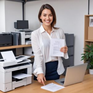 An image depicting a person happily holding a freshly printed document, standing beside a laptop and a working printer. The expression is one of relief and satisfaction, indicating a successful printing process.